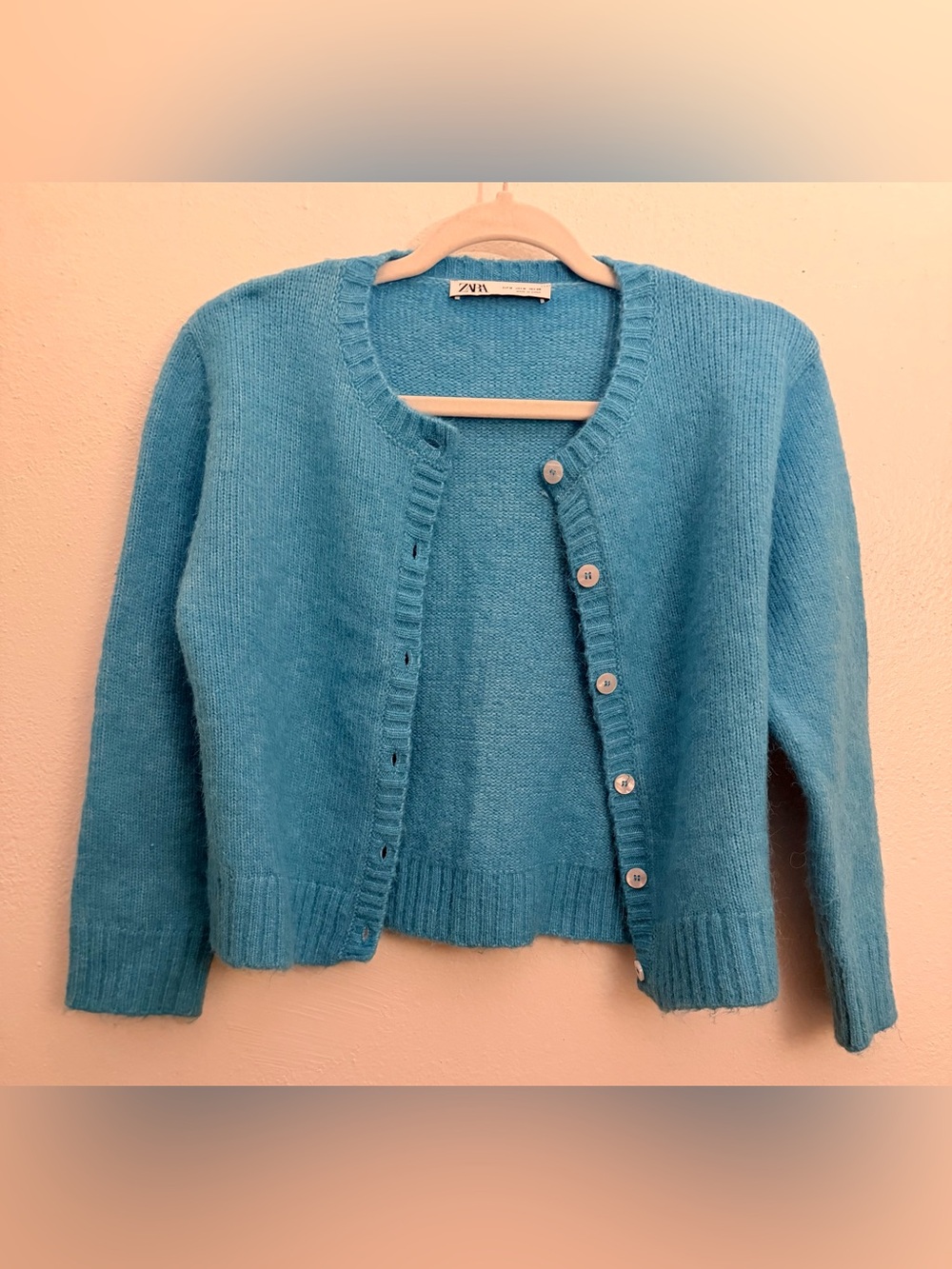 Zara Teal Blue Button-Up Women's Sweater Alpaca Blend Cardigan size Medium - Picture 2 of 5